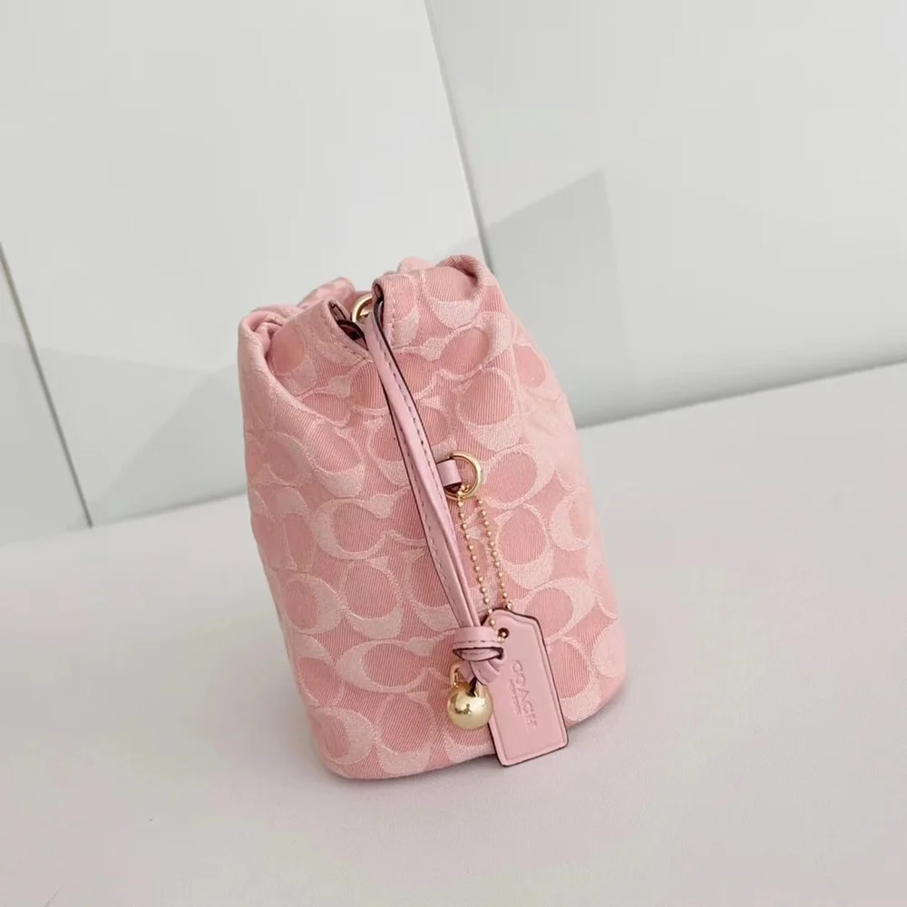 Coach Pink Signature Jacquard Mini Bucket Drawstring Crossbody Bag